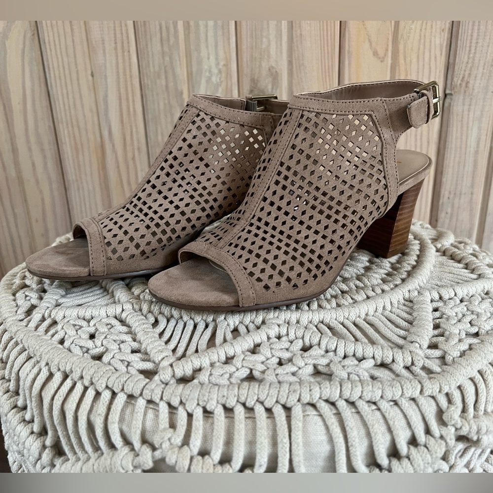 Unisa Tan opened toe booties, 3 inch heels